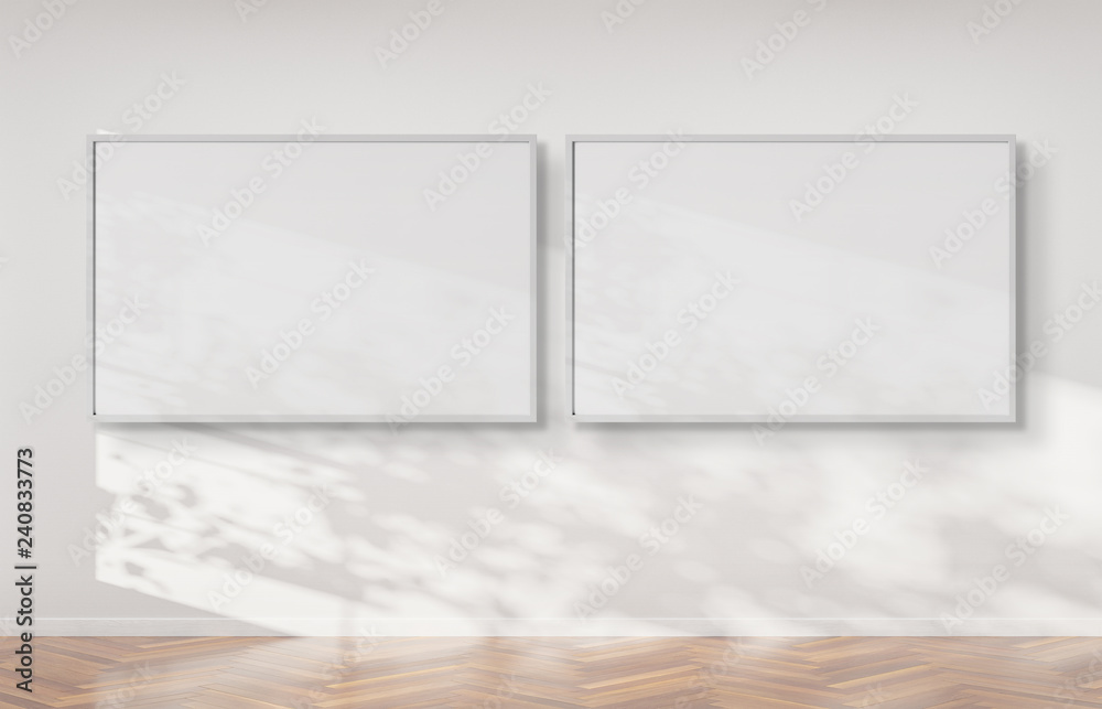 Aufkleber Two horizontal frames hanging on a wall mockup 3d rendering