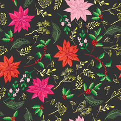 Seamless Pattern Christmas Decoration with Poinsettia flowers