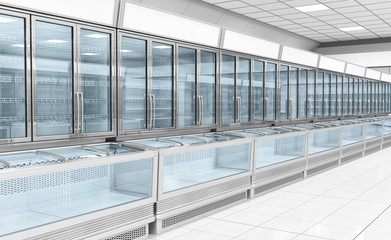 Interior empty supermarket with  showcases freezer. 3d illustration