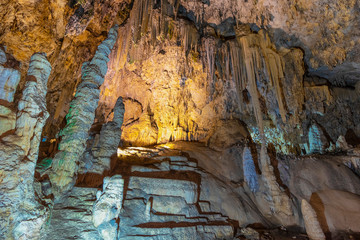 View of interior of Famous Nerja Caves with Magnificent Stalactites and Stalagmites in Andalusia, Spain Geological formations in Nerja, Malaga, Spain