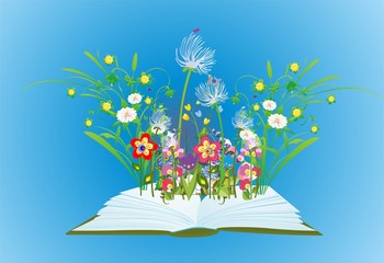  kompozycja z otwartą książką z której wyrastają kwiaty i trawa  - obrazy, fototapety, plakaty