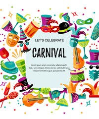Vector illustration with carnival and celebratory objects. Template for carnival, invitation, poster, flayer, funfair. Flat style.