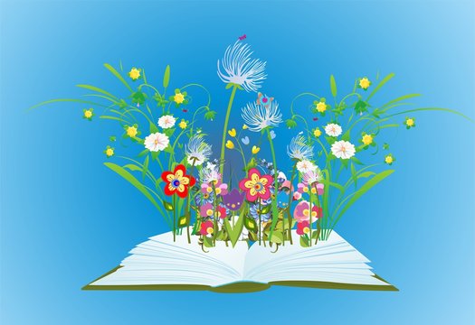 Fototapeta  kompozycja z otwartą książką z której wyrastają kwiaty i trawa 