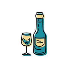 Wine bottle and glass logo design. Flat and line style vector illustration.