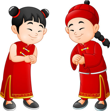 Cartoon cute boy and girl in chinese costume