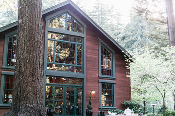 large cabin in forest with large windows