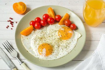 Fried eggs with cherry tomatoes on a plate