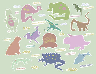 Postacie Dino. Śliczne śmieszne dinozaury wektor zestaw ilustracji na białym tle. Ilustracja dla dzieci, chłopców, dziewcząt, t-shirtów, ubrań, gier, kart. - 240836544