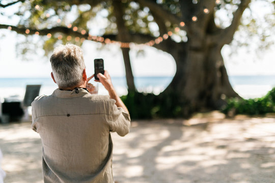 man taking picture of tree with cellphone