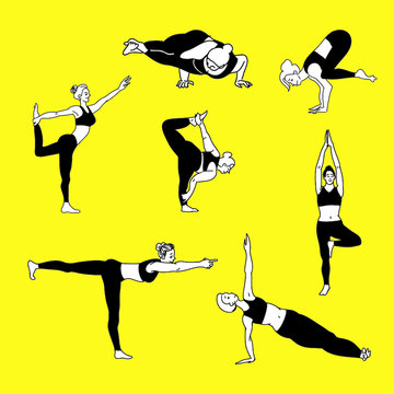 Bundle of female cartoon characters in yoga positions pattern isolated on yellow background. Black and white flat vector illustration for clothes, fashion, cards, wrappaper