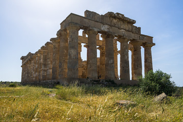 Fototapeta na wymiar Temple of Hera (Temple E) was built about 470 to 450 BC. It's the most famous building of Selinunte Archaeological park, Castelvetrano, Trapani Province, Sicily, Italy
