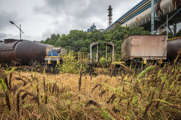 Fototapeta na wymiar cargo trains stopped on old railroad in abandoned industrial site