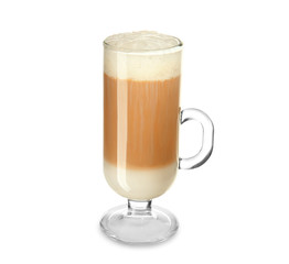 Glass cup of tasty aromatic latte on white background