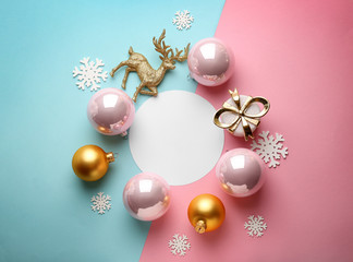 Naklejka na ściany i meble Beautiful Christmas decorations with empty card on color background