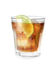 Glass of delicious cocktail on white background