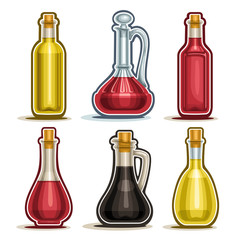 Vector set of isolated Bottles, 6 cut out outline containers with gourmet vinegar, healthy apple cider, decanter with handle, bottle of red wine with wooden cork and fresh balsamic vinegar on white.