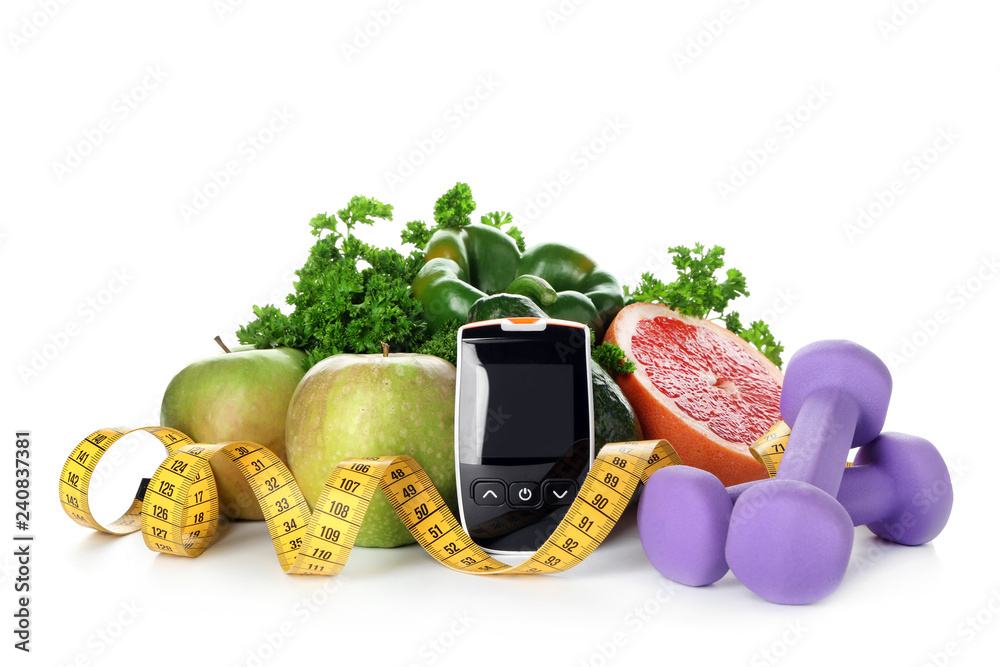 Wall mural digital glucometer with measuring tape, dumbbells and healthy food on white background. diabetes die