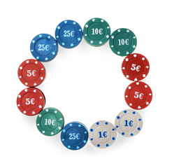 Frame made of chips for poker game on white background
