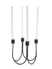 Metal holder with candles on white background