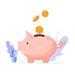 Saving pig. Concept of saving money. Vector Illustration for web page, landing, poster, flyer, banner, presentation, social media