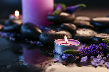 Burning candle, flower and spa stones on dark background