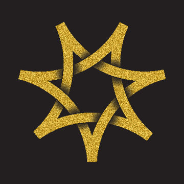 Golden glittering logo in Celtic style on black background. Tribal symbol in seven pointed star form. Gold stamp for jewelry design.