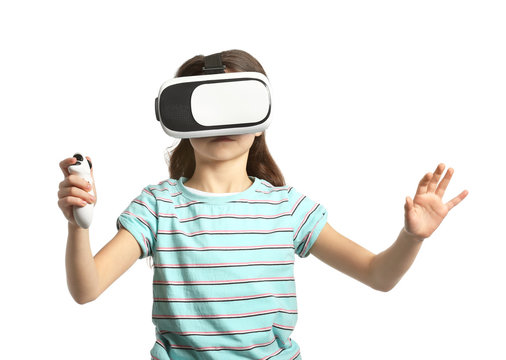 Cute girl with virtual reality glasses on white background