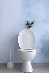 Modern ceramic toilet bowl near light wall in restroom