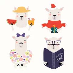  Set of cute funny different llamas, summer, Christmas, with flowers, book. Isolated objects on white background. Hand drawn vector illustration. Scandinavian style flat design. Concept for kids print. © Maria Skrigan