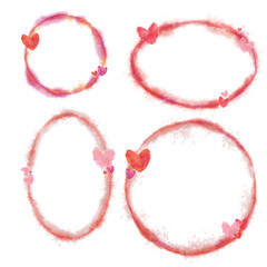 Set of Ellipse Frames Decorated with Hearts. Watercolor Design Element for Valentine day, Wedding, and Special Event.