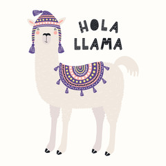 Hand drawn vector illustration with funny llama in a traditional Peru hat, with Spanish text Hola, Hello. Isolated objects on white background. Scandinavian style flat design. Concept children print. © Maria Skrigan
