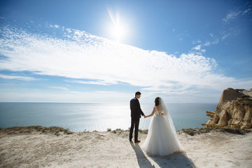 Bride and groom are standing on cliff with ocean and blue sky background at sunny day