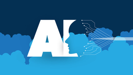 Modern Style Cloud Computing, Global AI Assistance, Automated Support, Digital Aid, Deep Learning and Future Technology Concept Design with Clouds and Human Head - Vector Illustration 