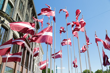 Latvian Flags in the old city of Riga, Latvia