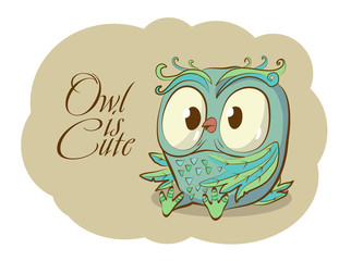 Owl cute vector character hand drawn. Color Isolated on white background. Kid animal print, sticker, card.