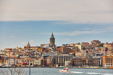 A picturesque view of Istanbul and the Galata Tower from the side of the Bay of Bosphorus