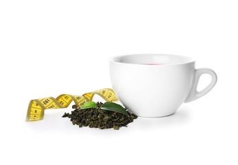 Cup of tea with measuring tape on white background. Weight loss concept