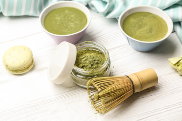 Composition with healthy matcha tea on table