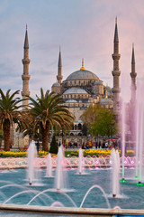 Colorful spring sunset in Sultan Ahmet park in Istanbul, Turkey, Europe.