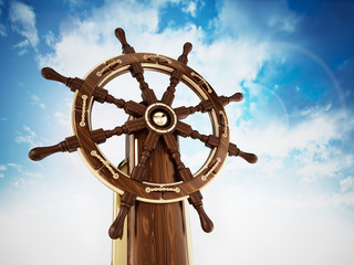 Ship wheel against blue, cloudy background. 3D illustration © Destina