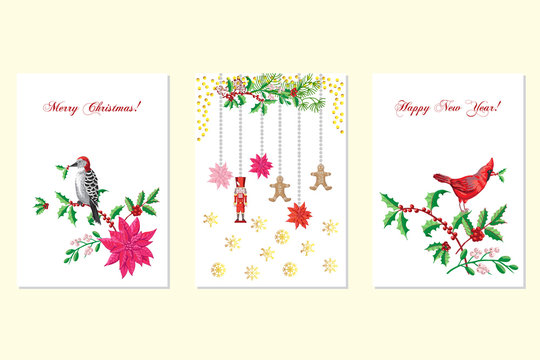 Christmas Poster Set with Bird and Poinsettia
