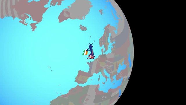 Zooming to British Isles with national flags on simple political globe. 3D illustration.