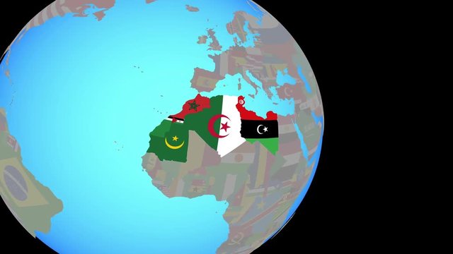 Zooming to Maghreb region with national flags on simple political globe. 3D illustration.