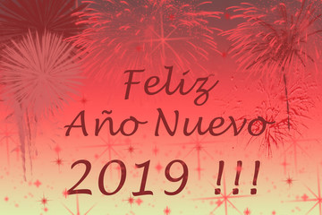 New Year 2019 greetings card. Fireworks effects on background.