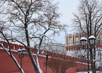 Fototapeta premium winter trees, Alexander garden, Kutafya tower of the Moscow Kremlin, winter