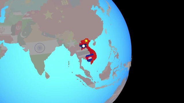 Zooming to Indochina with national flags on simple political globe. 3D illustration.