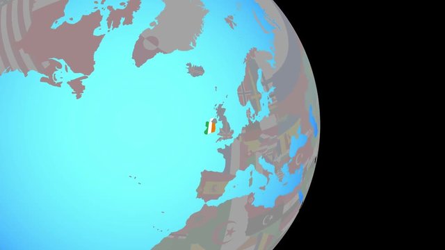 Zooming to Ireland with national flag on simple political globe. 3D illustration.