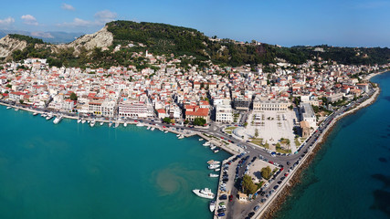 Aerial drone ultra wide panoramic photo of famous and picturesque port and town of Zakynthos island, Ionian, Greece