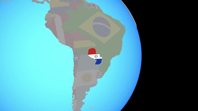 Zooming to Paraguay with national flag on simple political globe. 3D illustration.