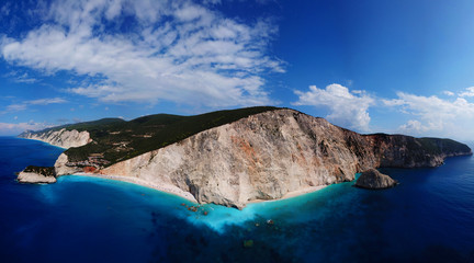 Fototapeta na wymiar Aerial drone high resolution panoramic photo of famous paradise beach of Porto Katsiki, Lefkada island, Ionian, Greece